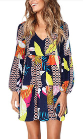 Women's V-Neck Dress, Long Sleeve, Floral Print, Navy Multi-Color, Casual Loose Swing Tunic