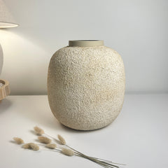 Minimalist Floor or Table Vase Textured Round 12“ Tall - Beige