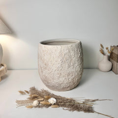 Minimalist Hand-Painted & Textured Planter Pot 12.5" tall with drainage hole one time creation - Cream Sand wash