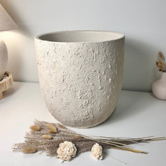 13.5" Minimalist Hand-Painted & Textured Planter Pot with Drainage Hole one time creation - Cream