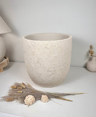 13.5" Minimalist Hand-Painted & Textured Planter Pot with Drainage Hole one time creation - Cream