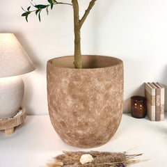 Minimalist Hand-Painted & Textured Planter Pot 17" tall with drainage hole one time creation - Earth Brown