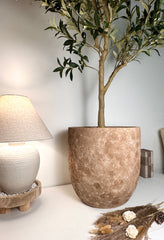Minimalist Hand-Painted & Textured Planter Pot 17" tall with drainage hole one time creation - Earth Brown