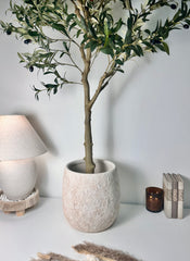12.5" Tall Minimalist Hand-Painted & Textured Planter Pot with Drainage Hole - Cream Sand wash