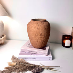 Rustic Ceramic Rounded Vase Textured Handcrafted 10" tall - Terracotta Brown