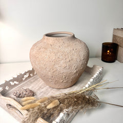 Rustic Ceramic Rounded Vase Textured Handcrafted 10" tall - Light Beige Wash