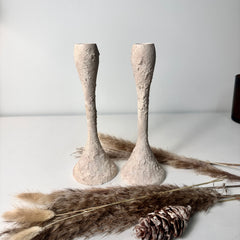 Set of 2 Candle Holders Minimalist Textured Hand-Painted 9" tall - Cream Wash