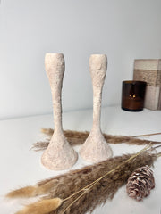 Set of 2 Candle Holders Minimalist Textured Hand-Painted 9" tall - Cream Wash