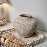 Rustic Ceramic Rounded Vase Textured Handcrafted 10" tall - Light Beige Wash