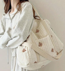 Quilted Diaper Bag with Bear Pattern, Large Capacity Travel Tote, Beige