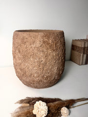 12.5" Tall Minimalist Hand-Painted & Textured Planter Pot with Drainage Hole - Espresso Brown wash