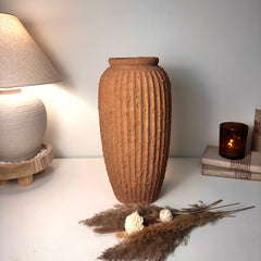 Rustic Ceramic Rounded Vase Textured Handcrafted 17.5" tall - Terracotta Brown