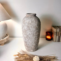 Rustic Hand-Painted Ceramic Round Bottle Vase 17.5" tall - Beige Wash