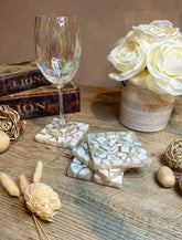 Set of 4 Decorative Mosaic Marble Coasters, White Natural Stone, Square Shape