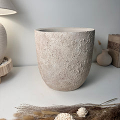 11" tall Minimalist Hand-Painted & Textured Planter Pot with drainage hole - Cream Sand wash