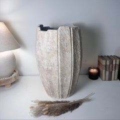 22" tall Minimalist Hand-Painted & Textured Planter Pot with drainage hole - Cream Sand wash