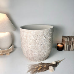 17" tall Minimalist Hand-Painted & Textured Planter Pot with drainage hole - cream wash