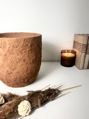 9" Tall Rustic Minimalist Hand-Painted & Textured Planter Pot with Drainage Hole -Terracotta Brown