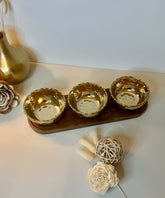 Elegant 3-Piece Gold Serving Bowl Set with Wooden Base, Decorative Hammered Metal Bowls for Snacks, Appetizers and Condiments