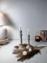 Set of 2 candlestick holders hand-painted and textured minimalist rustic style 12" tall and 10" tall - Beige