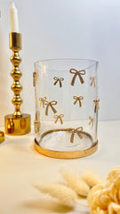 Decorative Glass Hurricane Candle Holder with Gold and Rhinestones Bow Pattern, Clear Cylinder with Metallic Base, 6" tall