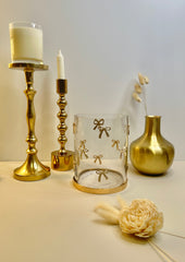 Decorative Glass Hurricane Candle Holder with Gold and Rhinestones Bow Pattern, Clear Cylinder with Metallic Base, 6" tall