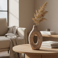 Paulownia Wood Vase Hand-Painted Textured 10.5" - Beige Tan
