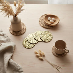 Gold Metal Round Coaster Set, Textured Design, Set of 4