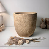 13.5" Rustic Hand-Painted & Textured Planter Pot with Drainage Hole one time creation - Tan Beige Brown