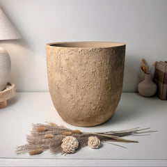 13.5" Rustic Hand-Painted & Textured Planter Pot with Drainage Hole one time creation - Tan Beige Brown
