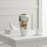 Modern Ceramic Vase with Gold Flower Design, White, 12 Inch