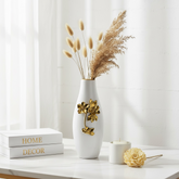 Modern Ceramic Vase with Gold Flower Decoration, White, 13 Inch