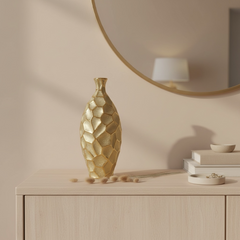Modern Textured Metal Gold Vase, 14 Inch, Geometric Honeycomb Design