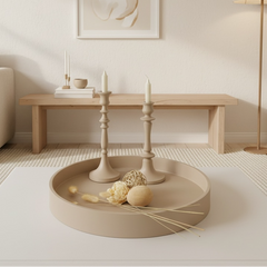 Round Wood Tray and Set of 2 Candle Holders - Tan Matte