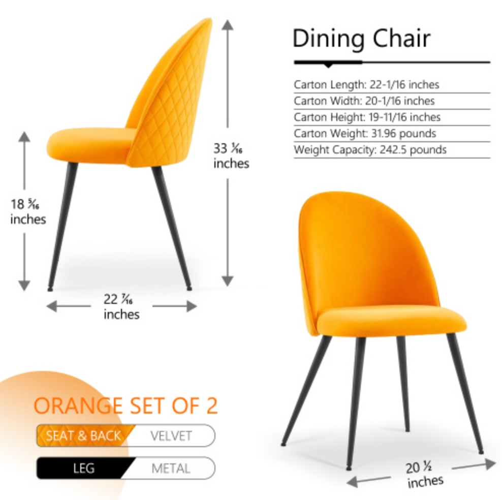 Velvet Dining Chair Metal Black Legs (Set of 4) - Orange