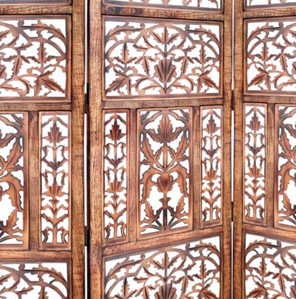 Handcrafted 3 Panel Mango Wood Screen with Cutout Filigree Carvings - Brown