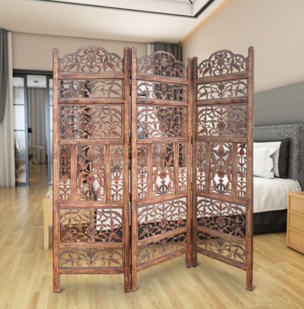Handcrafted 3 Panel Mango Wood Screen with Cutout Filigree Carvings - Brown
