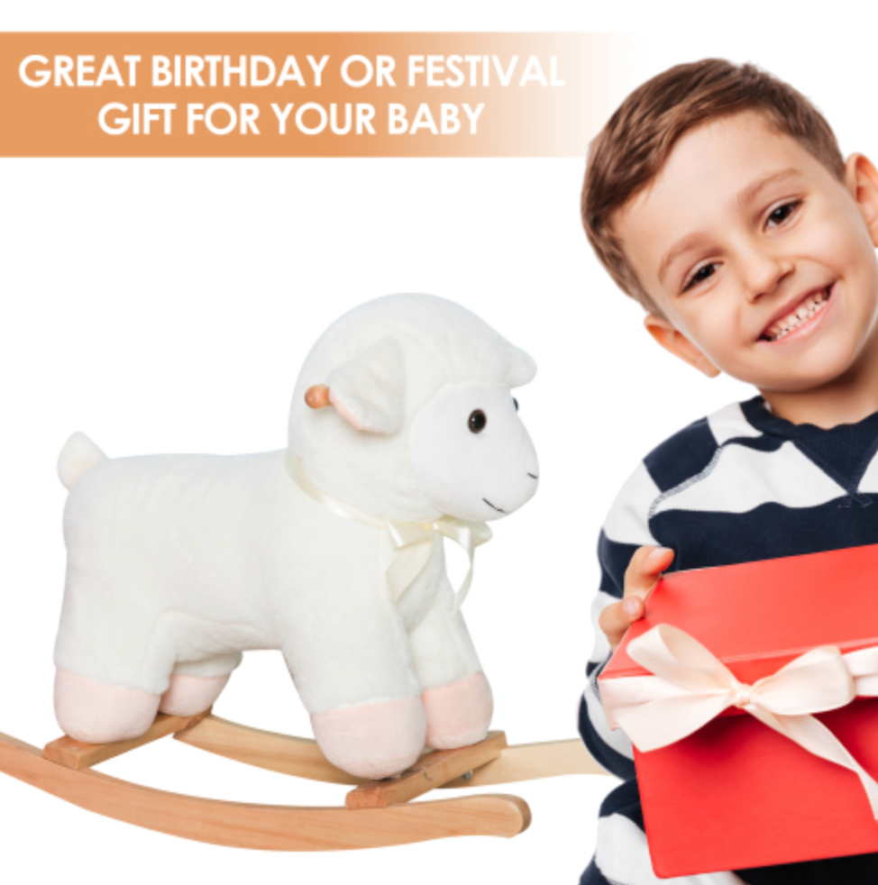 Rocking Horse Sheep, Nursery Stuffed Animal Ride On Rocker for Kids, Wooden Plush, White