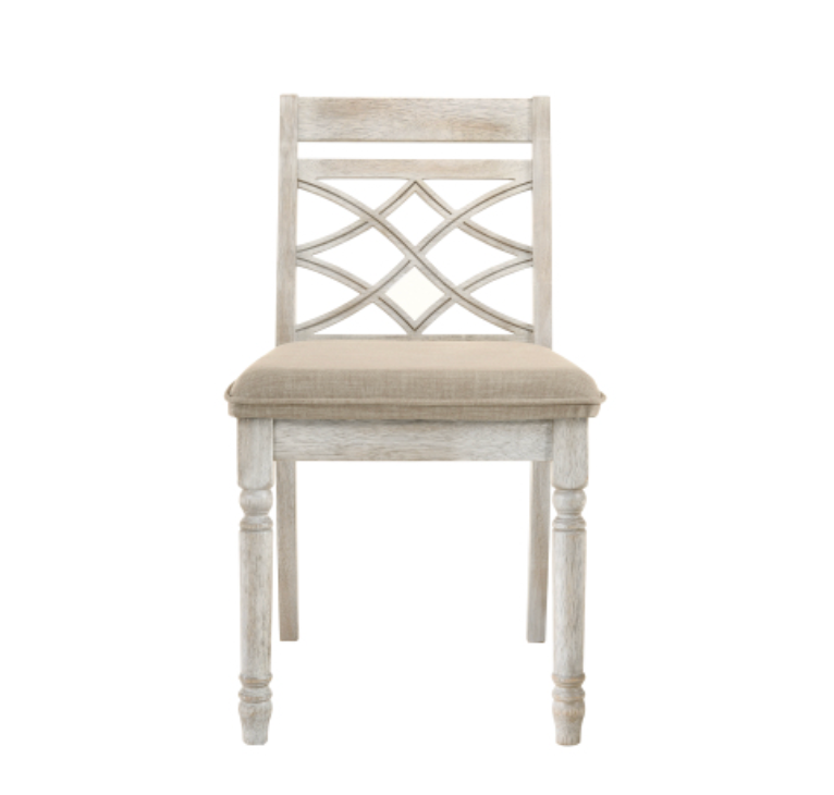 French Country Style Side Chair (Set-2) - Fabric & Antique White Finish