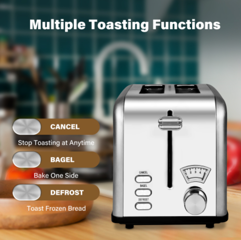 2-Slice Toaster with 1.5 inch Wide Slot, 5 Browning Setting and 3 Function: Bagel, Defrost & Cancel, Retro Stainless-Steel Style, Toast Bread Machine with Removable Crumb Tray, Silver