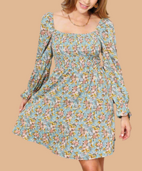Floral Smocked Flounce Sleeve Square Neck Dress
