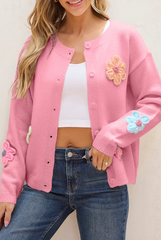 Cute Flower Pattern Button-Up Cardigan - Pink