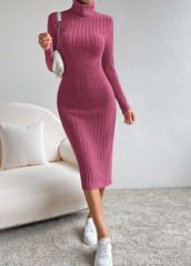 Women's Ribbed Knit Turtleneck Bodycon Dress, Long Sleeve - Pink
