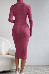 Women's Ribbed Knit Turtleneck Bodycon Dress, Long Sleeve - Pink