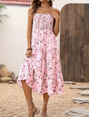 Women's Floral Midi Dress, Smocked Bodice, Spaghetti Strap, Tiered Summer Dress
