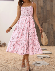 Women's Floral Midi Dress, Smocked Bodice, Spaghetti Strap, Tiered Summer Dress