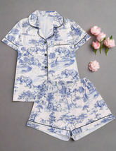 Women French Country, Cheetah Scenery Printed Pajama Set, Short Sleeve Shirt With Collar & Button, Loose Elastic Waist Shorts, Sleepwear - Two Pieces Set