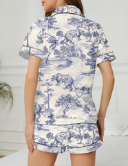 Women French Country, Cheetah Scenery Printed Pajama Set, Short Sleeve Shirt With Collar & Button, Loose Elastic Waist Shorts, Sleepwear - Two Pieces Set