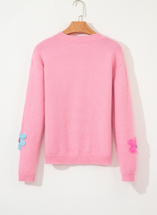 Pink Cute Knitted Floral Pattern Button Up Cardigan