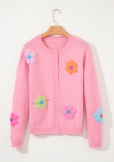 Pink Cute Knitted Floral Pattern Button Up Cardigan